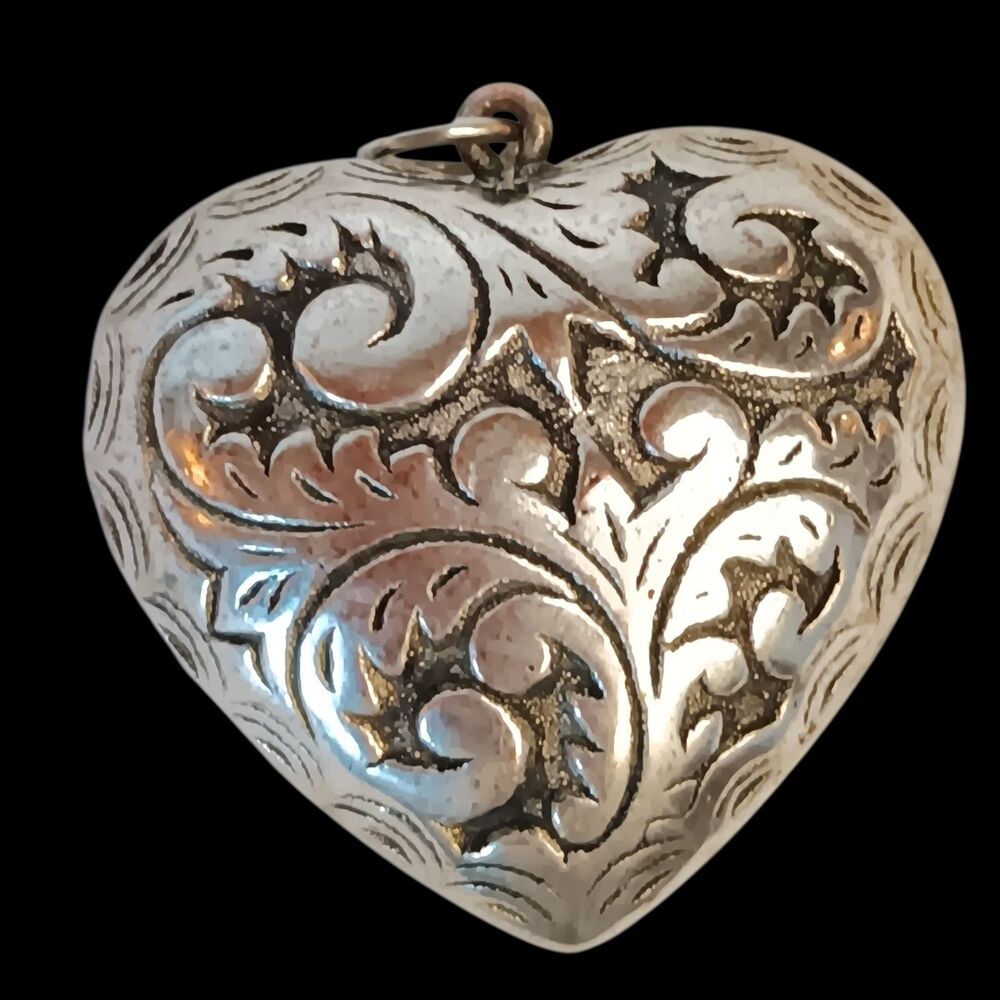 VTG Large Heart Pendant 3D Puffy Silvertone Etched Scrollwork Victorian 1.5x1.5